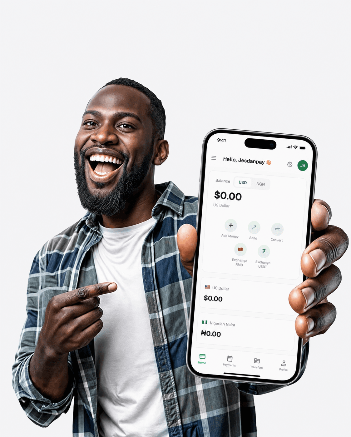 Smiling JesDanPay user holding up the app on their phone